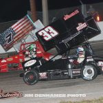 Billy Boyd Jr. (7) racing with Robert Yoho (#33) Saturday at Showtime Speedway. (Jim Denhamer Photo)