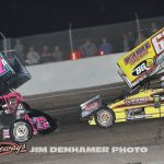 Bobby Santos III (#22A) racing with Colton Bettis (#61) Saturday night at Showtime Speedway. (Jim Denhamer Photo)