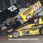 Colton Bettis (#61) inside of L.J. Grimm (#72) Saturday at Showtime Speedway. (Jim Denhamer Photo)