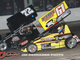 Colton Bettis (#61) inside of L.J. Grimm (#72) Saturday at Showtime Speedway. (Jim Denhamer Photo)