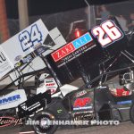 Dylan Reynolds (#24) racing with Kody Swanson (#26) Saturday night at Showtime Speedway. (Jim Denhamer Photo)