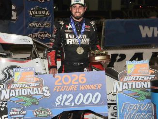 Jake Swanson after winning Tuesday's USAC Amsoil National Sprint Car Series feature at Volusia Speedway Park during DIRTcar Nationals. (Jim Denhamer Photo)