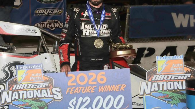 Jake Swanson after winning Tuesday's USAC Amsoil National Sprint Car Series feature at Volusia Speedway Park during DIRTcar Nationals. (Jim Denhamer Photo)