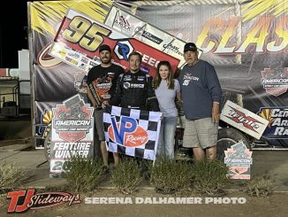 Matt Covington with his race team in victory lane following the Sonoran Clash with the ASCS National Tour at Central Arizona Raceway. (Serena Dalhamer Photo)
