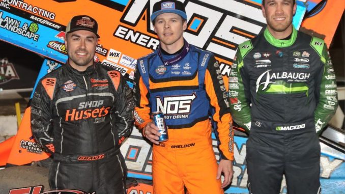 (l to r) Second place finisher David Gravel, feature winner Sheldon Haudenschild, and third place Carson Macedo following the World of Outlaws event Sunday at Volusia Speedway Park. (Jim Denhamer Photo)