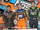(l to r) Second place finisher David Gravel, feature winner Sheldon Haudenschild, and third place Carson Macedo following the World of Outlaws event Sunday at Volusia Speedway Park. (Jim Denhamer Photo)