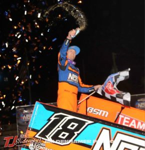 Sheldon Haudenschild celebrating his feature victory with the World of Outlaws Sunday night at Volusia Speedway Park. (Jim Denhamer Photo)