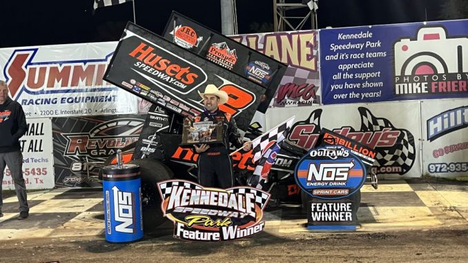 David Gravel after winning the World of Outlaws main event Friday at Kennedale Speedway Park. (Serena Dalhamer Photo)