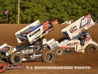 Brock Hallett (#5) racing with Jason Blonde (#10) Saturday night at Butler Motor Speedway. (T.J. Buffenbarger Photo)