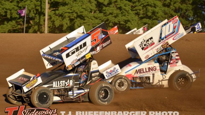 Brock Hallett (#5) racing with Jason Blonde (#10) Saturday night at Butler Motor Speedway. (T.J. Buffenbarger Photo)