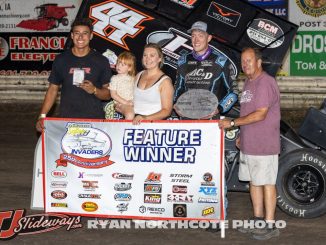 Chris Martin in victory lane after winning the Sprint Invaders feature at Southern Iowa Speedway. (Chris Norcote Photo)