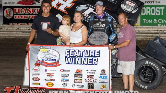 Chris Martin after winning the Sprint Invaders feature Thursday night at Southern Iowa Speedway. (Ryan Northcote Photo)