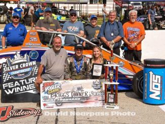 Briggs Danner is joined by his family and crew after winning Sunday's Rich Vogler Classic USAC Silver Crown event at Indiana's Winchester Speedway. (David Nearpass Photo)