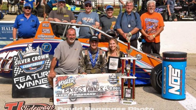 Briggs Danner is joined by his family and crew after winning Sunday's Rich Vogler Classic USAC Silver Crown event at Indiana's Winchester Speedway. (David Nearpass Photo)