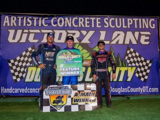 (L to R) second place Colby Copeland, winner Levi Hillier, and third place finisher Braden Chiaramonte following the Sprint Car Challenge Tour event at Doulgas County Speedway. (KTEM Photo)
