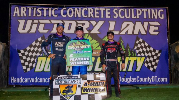(L to R) second place Colby Copeland, winner Levi Hillier, and third place finisher Braden Chiaramonte following the Sprint Car Challenge Tour event at Doulgas County Speedway. (KTEM Photo)