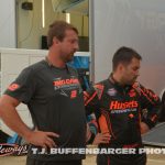 Cody Jacobs and David Gravel looking over their race car Friday at Eldora Speedway. (T.J. Buffenbarger Photo)