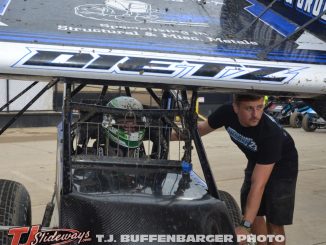 Chase Dietz with one of his crew members before going out to qualify at Eldora Speedway. (T.J. Buffenbarger Photo)