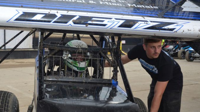 Chase Dietz with one of his crew members before going out to qualify at Eldora Speedway. (T.J. Buffenbarger Photo)