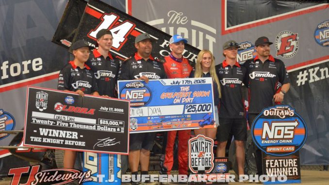 Corey Day with his crew after winning Friday night at Eldora Speedway. (T.J. Buffenbarger Photo)