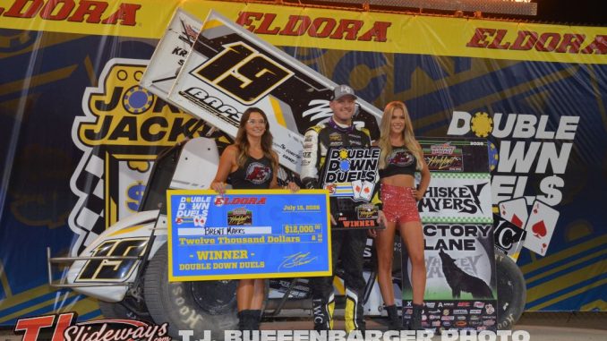 Brent Marks in victory lane at Eldora Speedway following his feature victory in during the Double Down Duels. (T.J. Buffenbarger Photo)