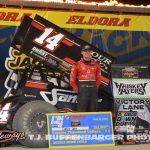 Corey Day in victory lane after winning the second feature during the Double Down Duels. (T.J. Buffenbarger Photo)