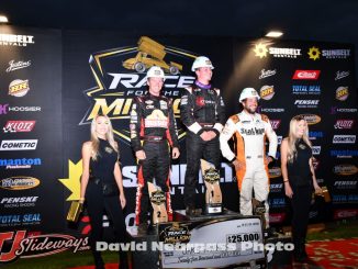 (l to r) Second place Kody Swanson, Winner Jake Trainor, and third place Aaron Willison after the first feature event Saturday at Berlin Raceway for the Race for the Million Series. (T.J. Buffenbarger Photo)