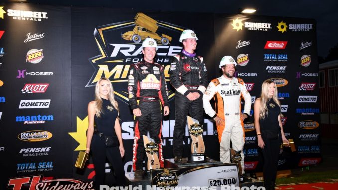 (l to r) Second place Kody Swanson, Winner Jake Trainor, and third place Aaron Willison after the first feature event Saturday at Berlin Raceway for the Race for the Million Series. (T.J. Buffenbarger Photo)