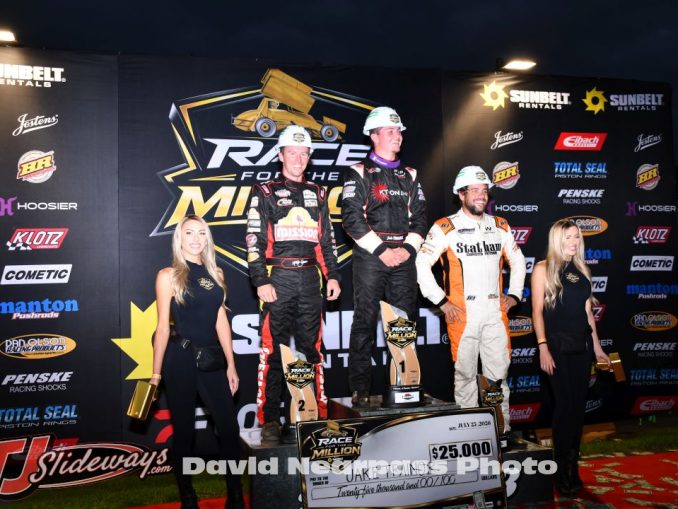 (l to r) Second place Kody Swanson, Winner Jake Trainor, and third place Aaron Willison after the first feature event Saturday at Berlin Raceway for the Race for the Million Series. (T.J. Buffenbarger Photo)