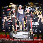(L to R) Second place Kody Swanson, winner JoJo Helberg, and third place Colton Bettis after the second Race for the Million feature at Berlin Raceway. (T.J. Buffenbarger Photo)