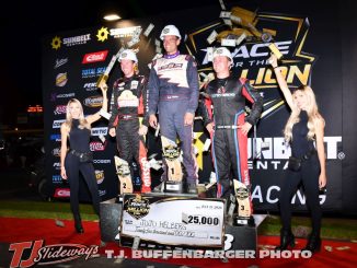 (L to R) Second place Kody Swanson, winner JoJo Helberg, and third place Colton Bettis after the second Race for the Million feature at Berlin Raceway. (T.J. Buffenbarger Photo)