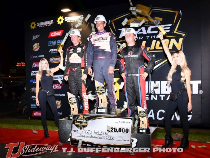 (L to R) Second place Kody Swanson, winner JoJo Helberg, and third place Colton Bettis after the second Race for the Million feature at Berlin Raceway. (T.J. Buffenbarger Photo)