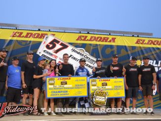 Kyle Larson with his team in victory lane after winning the Jokers Jackpot at Eldora Speedway. (T.J. Buffenbarger Photo)