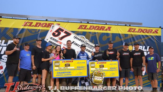 Kyle Larson with his team in victory lane after winning the Jokers Jackpot at Eldora Speedway. (T.J. Buffenbarger Photo)