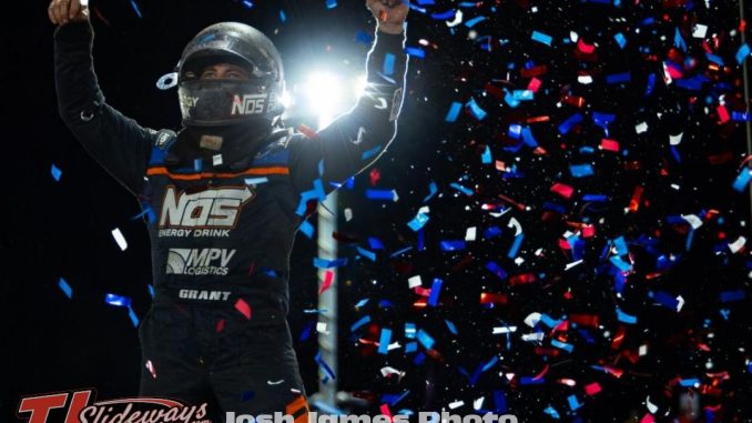 Justin Grant celebrates wining the final night of Indiana Sprint Week at Tri-State Speedway. (Jones James Photo)