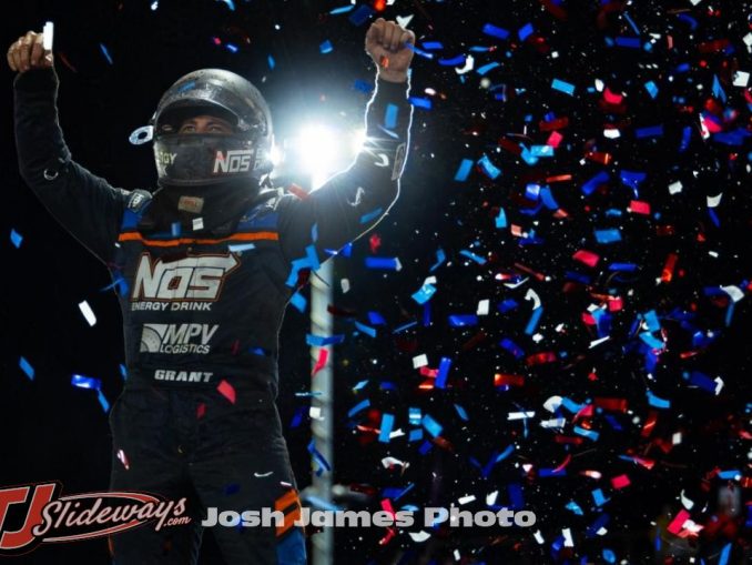 Justin Grant celebrates wining the final night of Indiana Sprint Week at Tri-State Speedway. (Jones James Photo)