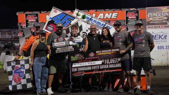 Rees Moran with his team in victory lane Sunday at Huset's Speedway. (Tylan Porath Photo)