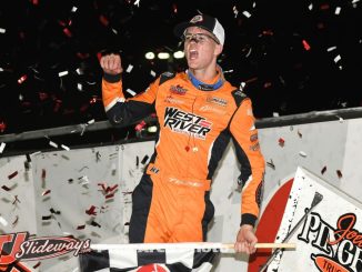 Ryan Timms celebrates his victory during the 360 Knoxville Nationals. (Paul Arch Photo)