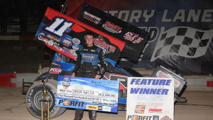 Darin Naida in victory lane with the Great Lakes Super Sprints at Mansfield Speedway. (Mike Campbell Photo)