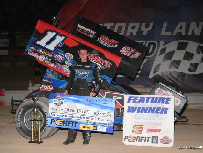 Darin Naida in victory lane with the Great Lakes Super Sprints at Mansfield Speedway. (Mike Campbell Photo)