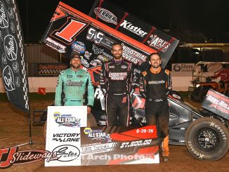 (L to R) Second place Brandon Spithaler, winner Nate Dussel, and third place Cale Thomas after the All Star Circuit of Champions event at Sharon Speedway. (Paul Arch Photo)
