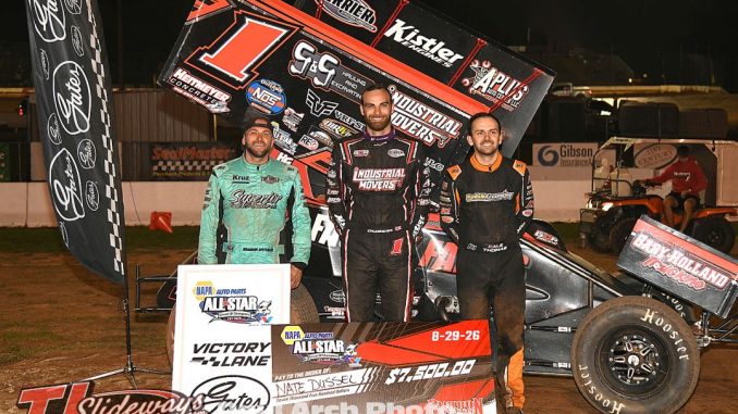 (L to R) Second place Brandon Spithaler, winner Nate Dussel, and third place Cale Thomas after the All Star Circuit of Champions event at Sharon Speedway. (Paul Arch Photo)