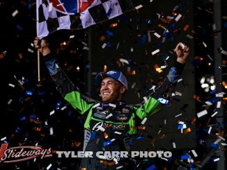 Carson Macedo celebrates his feature victory Saturday night at Fix It Forward Speedway. (Tyler Carr Photo)