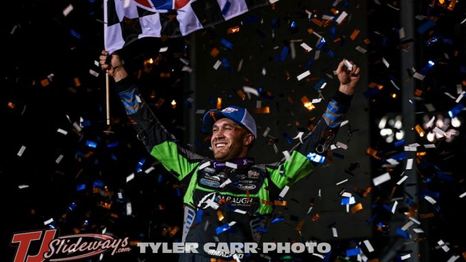 Carson Macedo celebrates his feature victory Saturday night at Fix It Forward Speedway. (Tyler Carr Photo)