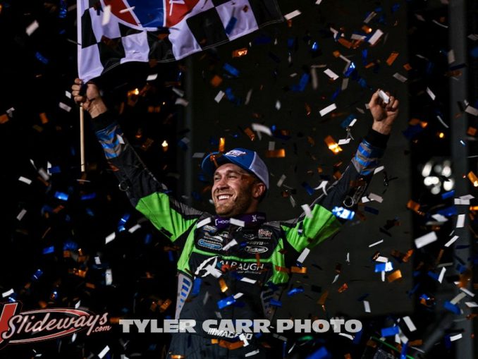 Carson Macedo celebrates his feature victory Saturday night at Fix It Forward Speedway. (Tyler Carr Photo)
