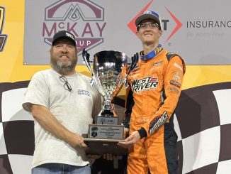 Ryan Timms with car owner Shane Leibig after winning the feature event and 2026 Knoxville Raceway track championship. (Image courtesy of Knoxville Raceway)