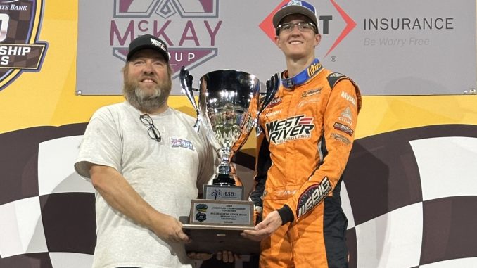 Ryan Timms with car owner Shane Leibig after winning the feature event and 2026 Knoxville Raceway track championship. (Image courtesy of Knoxville Raceway)