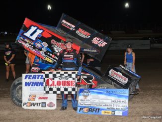 Darin Naida after winning the feature event Saturday night at Millstream Speedway. (Mike Campbell Photo)