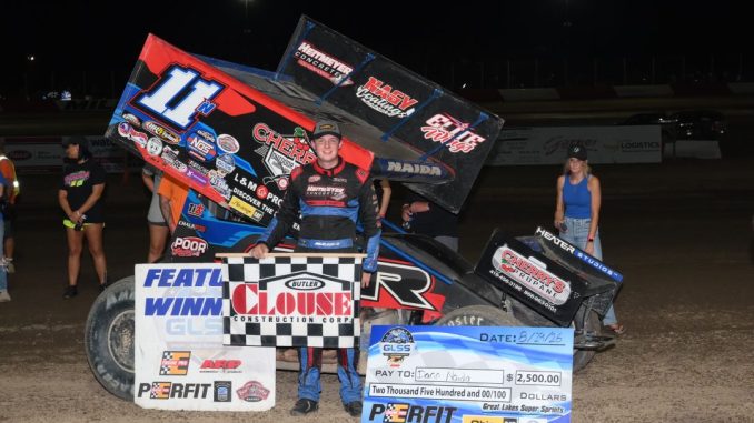 Darin Naida after winning the feature event Saturday night at Millstream Speedway. (Mike Campbell Photo)