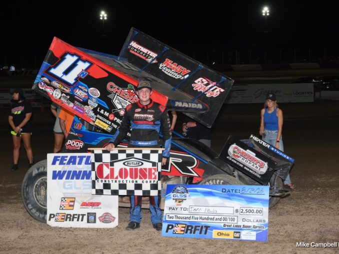 Darin Naida after winning the feature event Saturday night at Millstream Speedway. (Mike Campbell Photo)